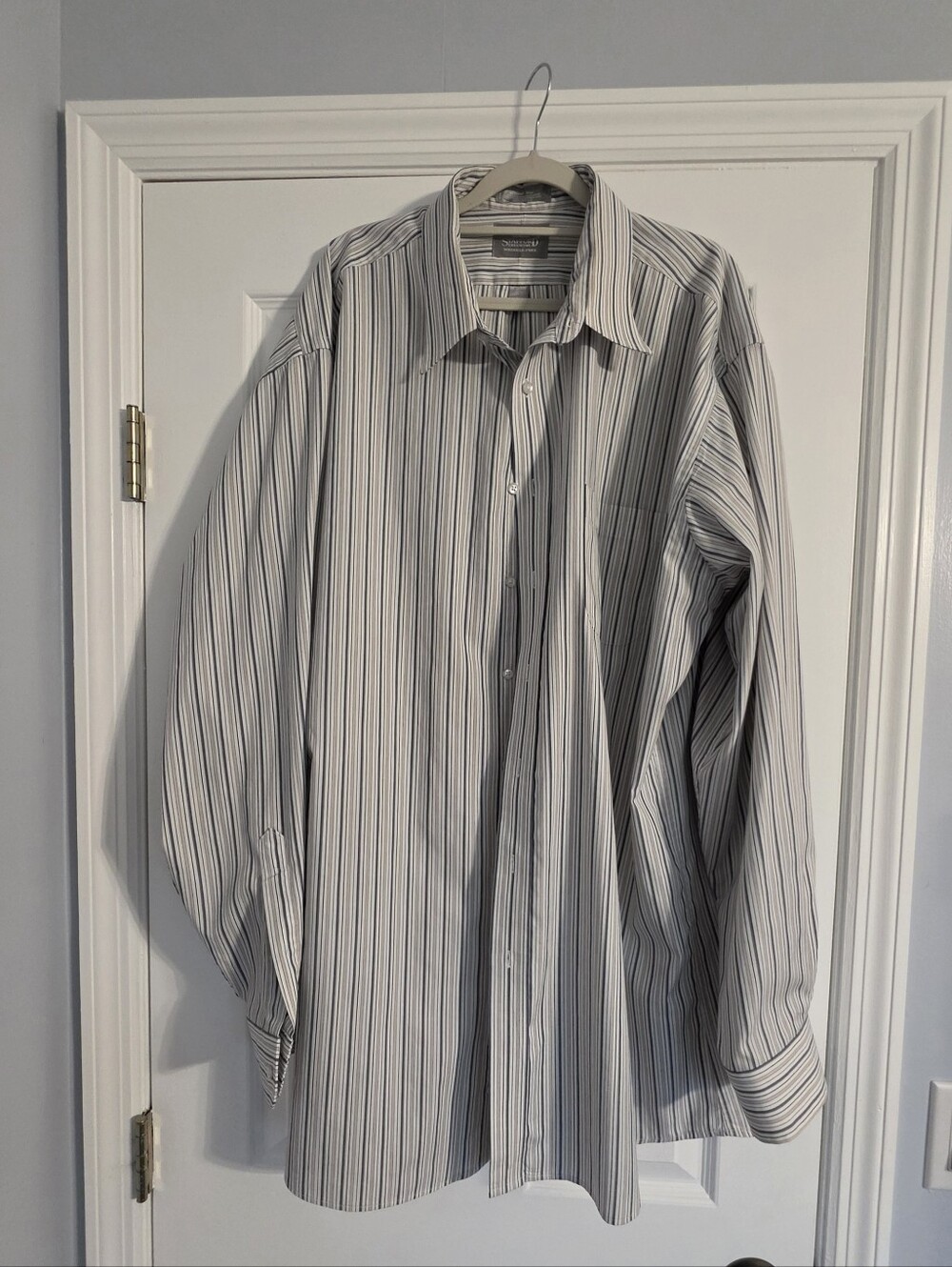 Stafford Men's White Dress Shirt with Gray and Tan  Pinstripes, Big & Tall